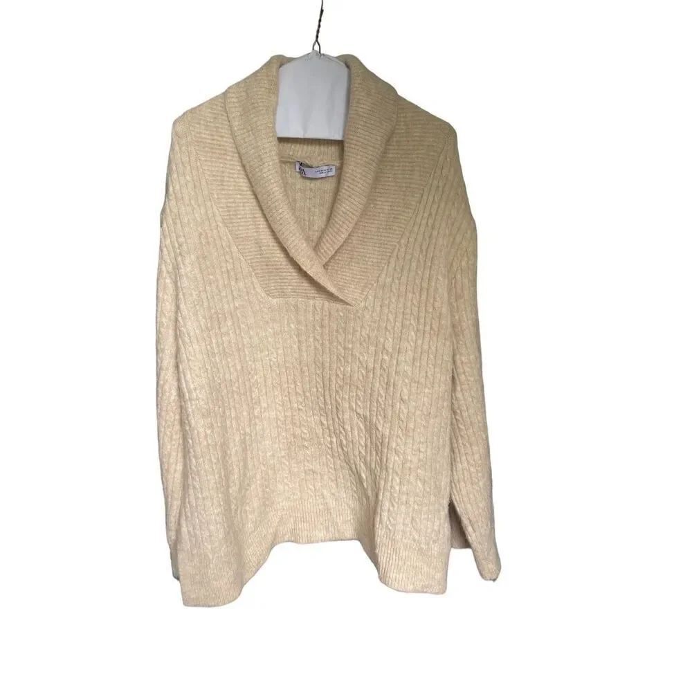 Zara Pullover Sweater Tan Size M Shawl Collar V Neck 
Winter Casual Work